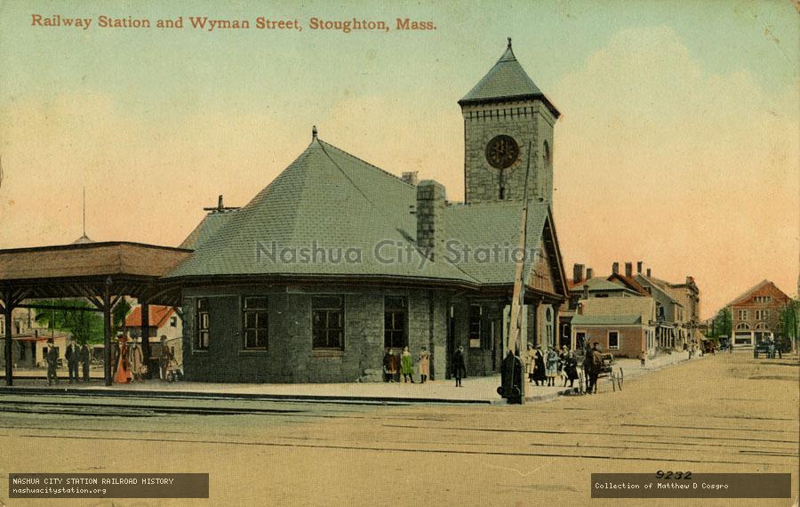 Postcard: Railway Station and Wyman Street, Stoughton, Massachusetts